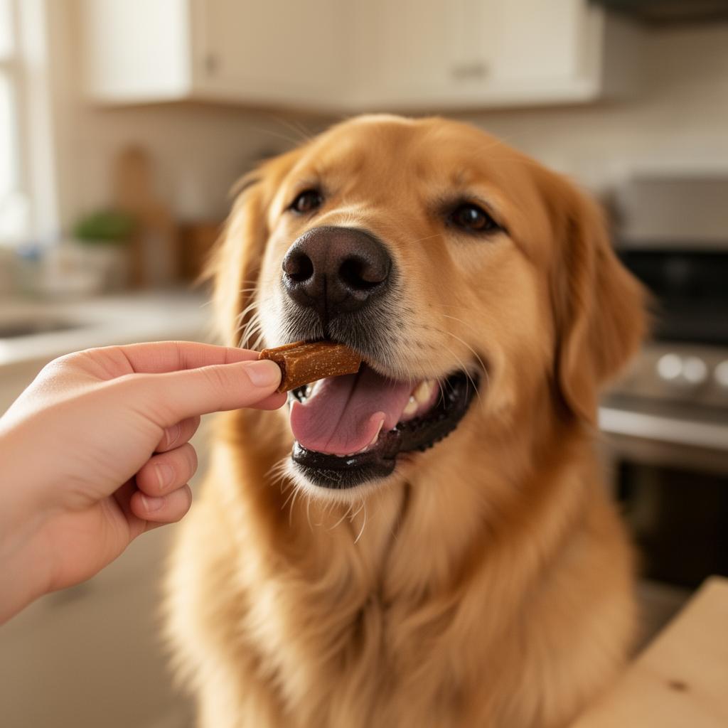 Golden retriever recibiendo un bocado masticable de Mylo Condroprotector