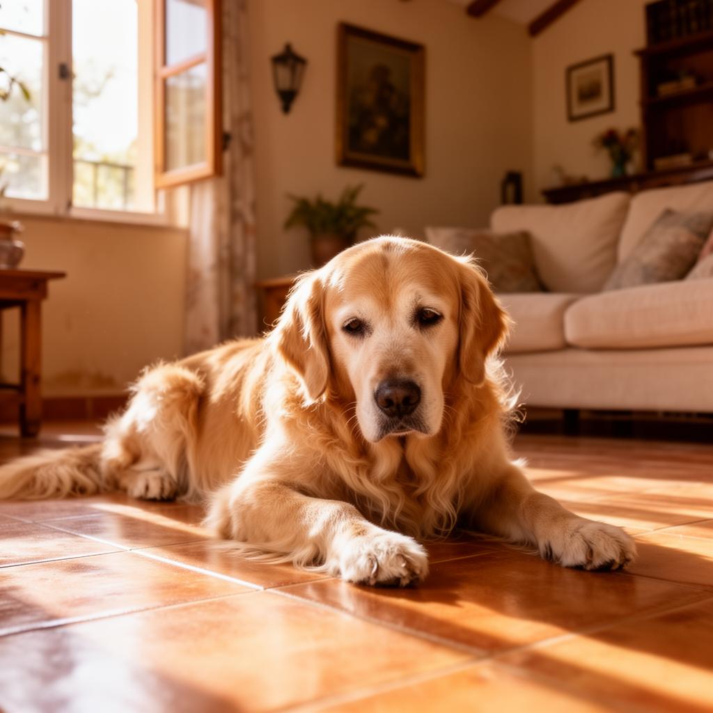 Golden retriever senior tumbado en el salón, mostrando señales sutiles de rigidez articular
