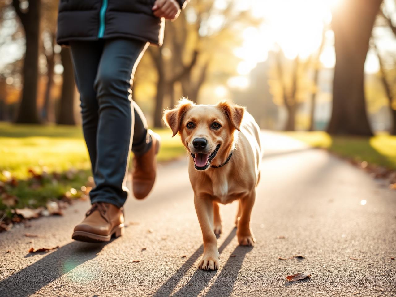 Perro adulto paseando con su dueño tras incorporar Mylo Condroprotector a su rutina